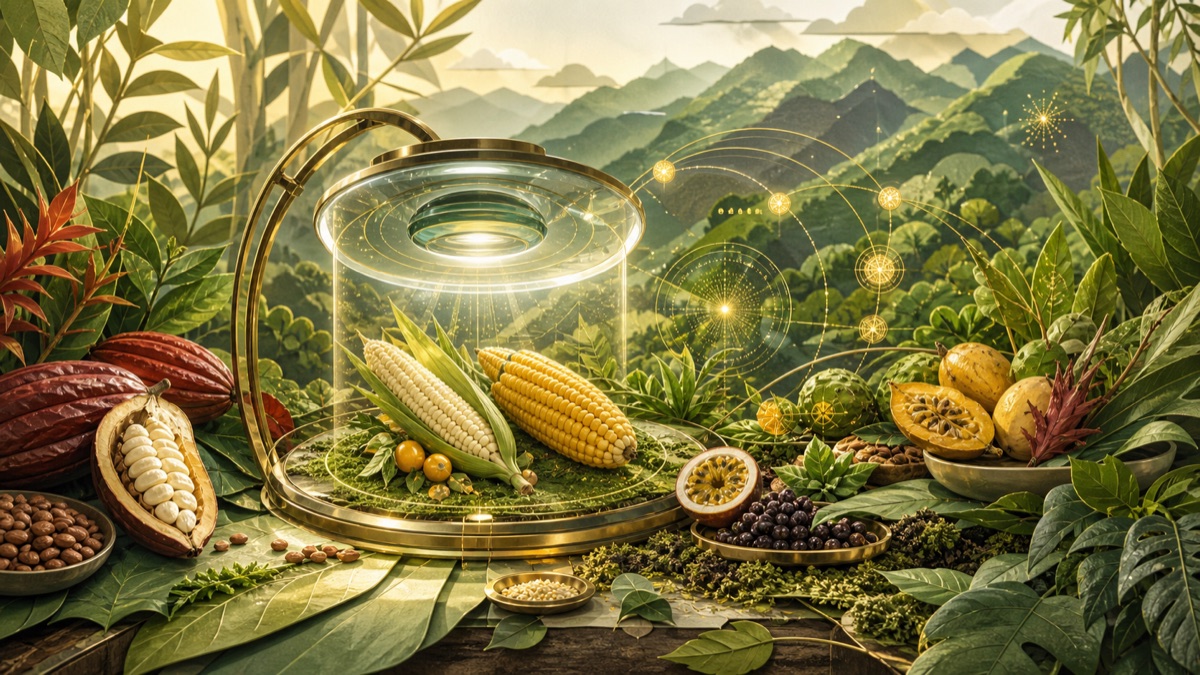 A glass botanical scanner analyzes Colombian fruits, maize, cacao and leafy plants